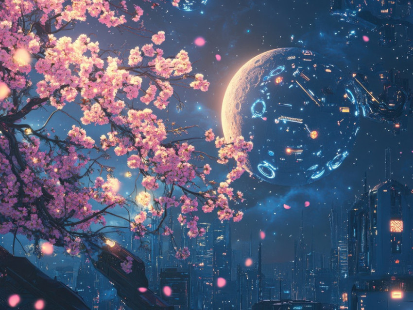 Moonlit cherry blossoms in ikebana arrangement Moonlit cherry blossoms in ikebana arrangement
