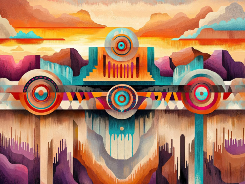 Dark thunderclouds roll over a deep canyon as a kachina doll stands nearby