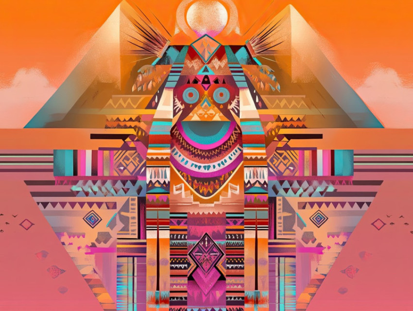 A sacred mountain rises in the distance as a kachina doll stands before it