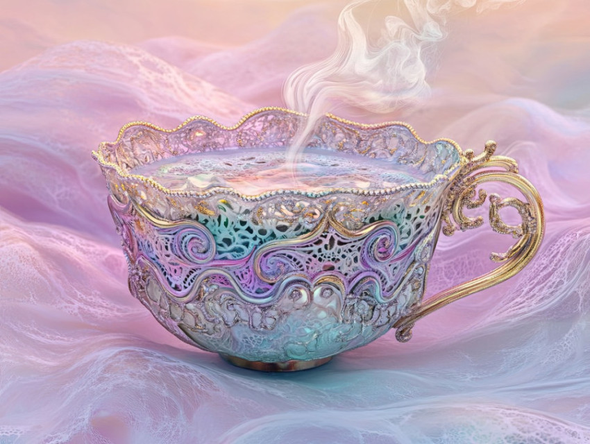 Teacup releasing steam in swirling lace inspired patterns Teacup releasing steam in swirling lace inspired patterns