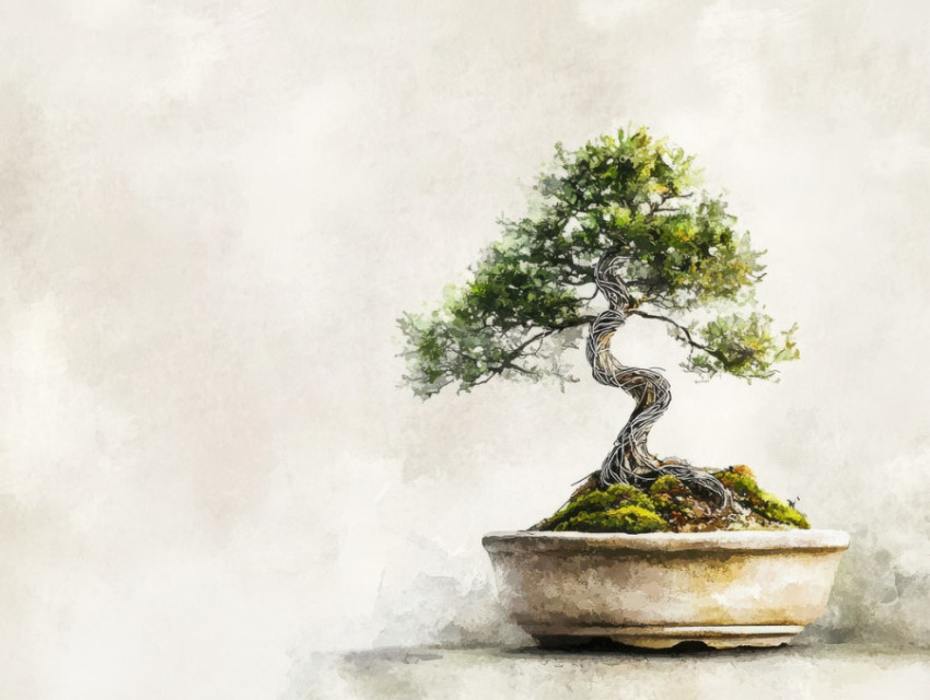 Tiny bonsai tree thriving in an ancient stone pot Tiny bonsai tree thriving in an ancient stone pot