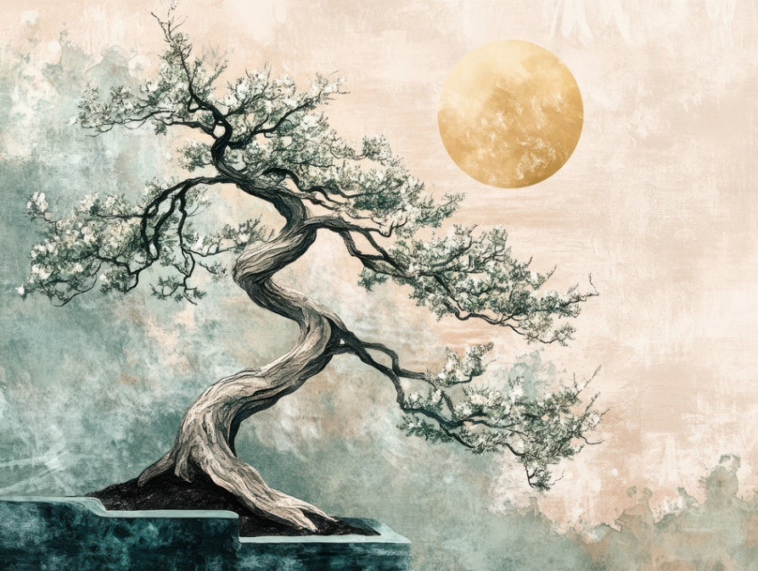Twisted branches of a bonsai tree bathed in serene moonlight Twisted branches of a bonsai tree bathed in serene moonlight