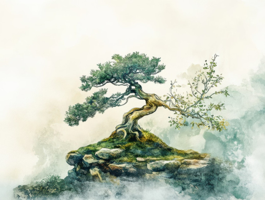 Bonsai tree standing in morning mist Bonsai tree standing in morning mist