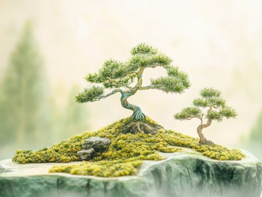 Zen garden with miniature bonsai trees arranged on mossy stones Zen garden with miniature bonsai trees arranged on mossy stones