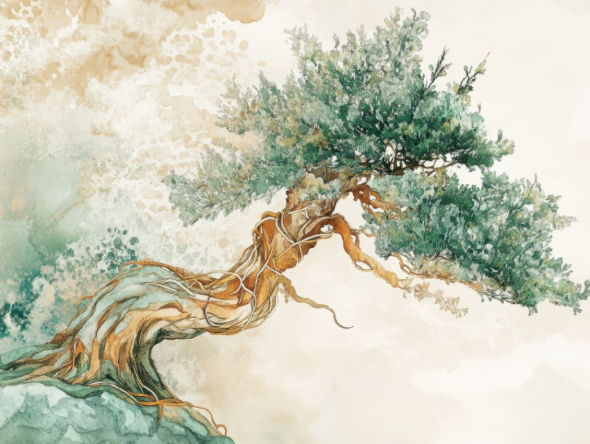 Gnarled bonsai tree stretching its twisted branches toward the sky Gnarled bonsai tree stretching its twisted branches toward the sky