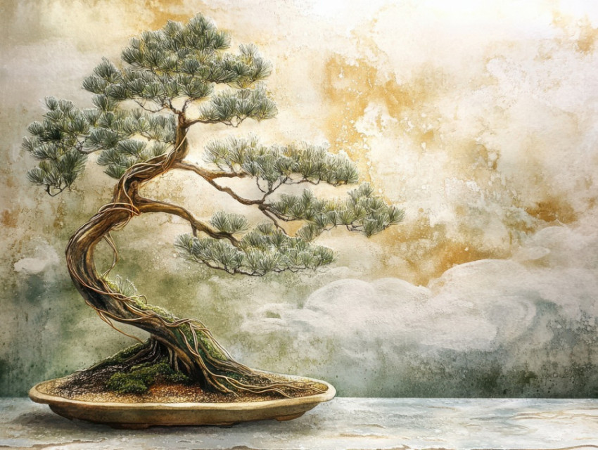 Bonsai tree under gentle rain Bonsai tree under gentle rain