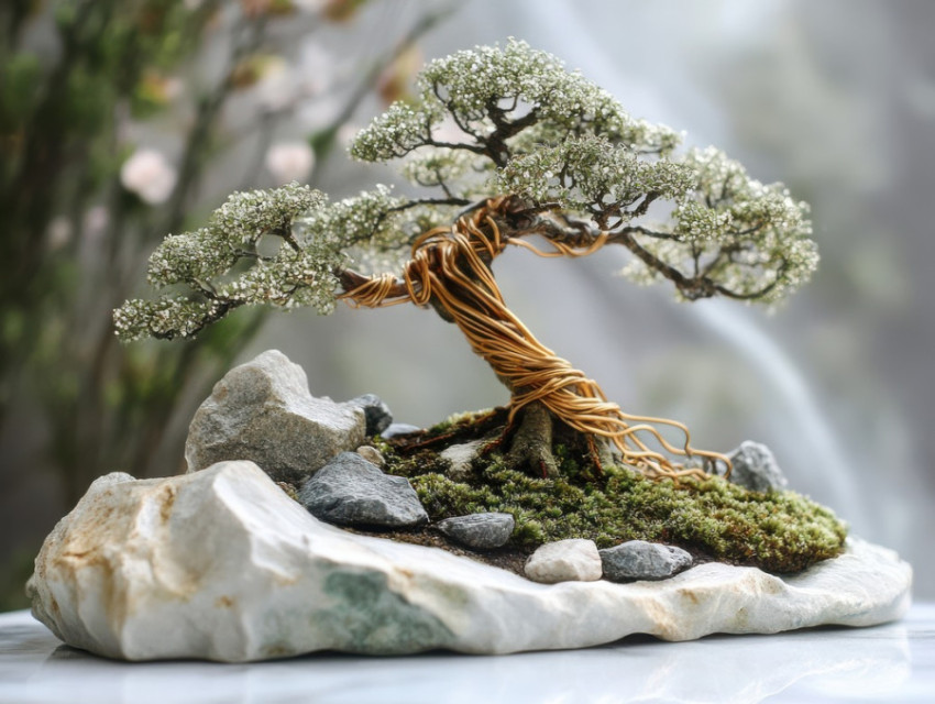 Perfectly shaped bonsai tree surrounded by natural rocks Perfectly shaped bonsai tree surrounded by natural rocks