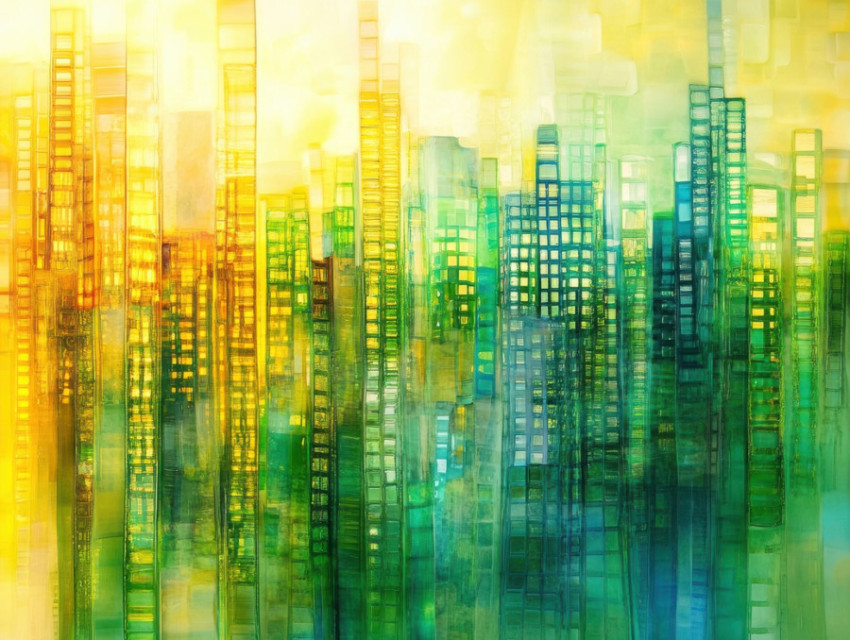 Towering skyscrapers reflecting city lights against the evening sky