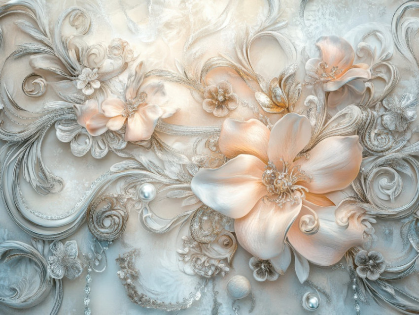 Soft flowers entwined with swirling silver threads Soft flowers entwined with swirling silver threads