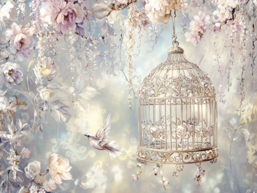 Ornate birdcage hanging from a floral trellis Ornate birdcage hanging from a floral trellis