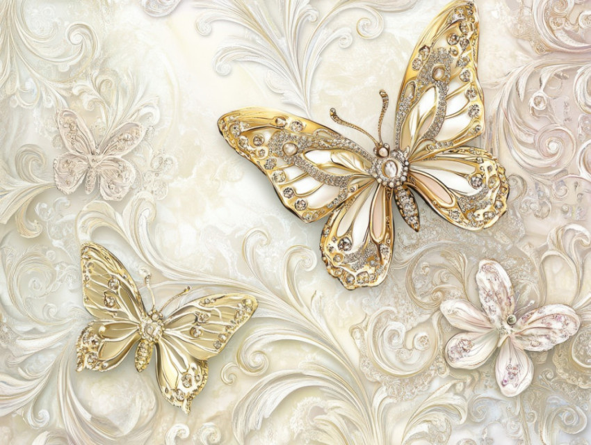 Golden butterflies fluttering in lacework swirls Golden butterflies fluttering in lacework swirls