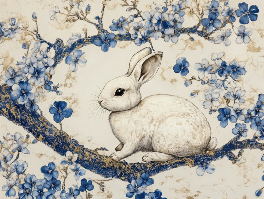 A rabbit rests under a blooming cherry tree