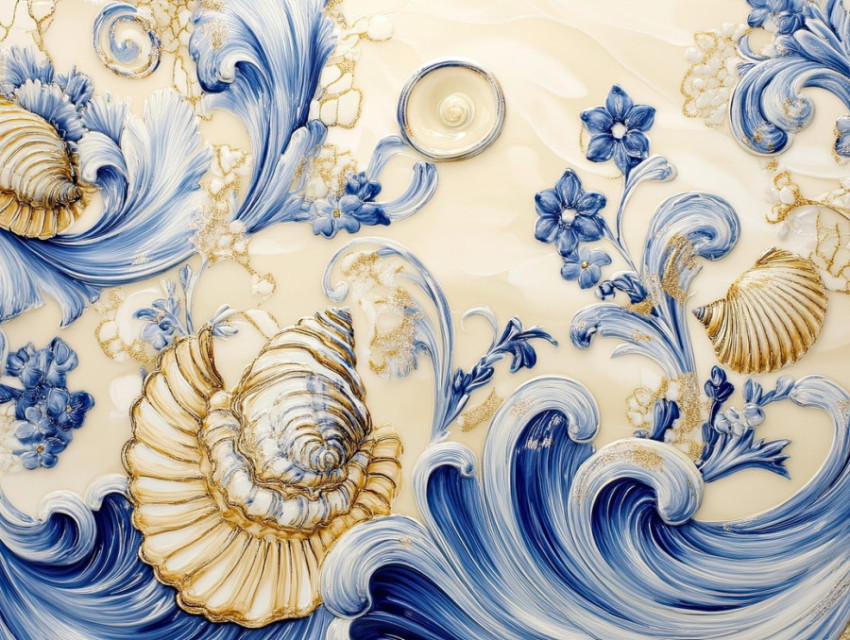 Seashells and swirling waves form elegant patterns in cibulak porcelain Seashells and swirling waves form elegant patterns in cibulak porcelain