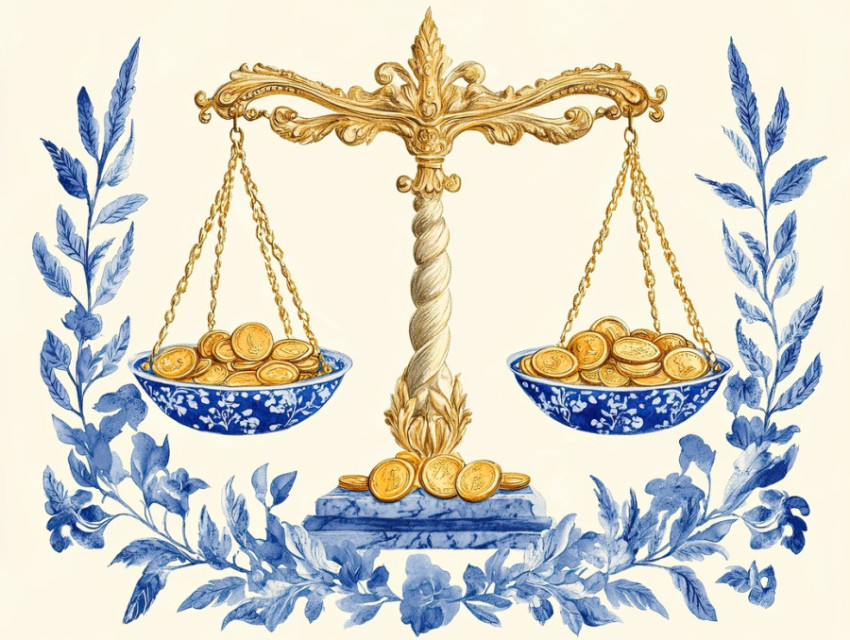 Scales balanced with coins and wheat