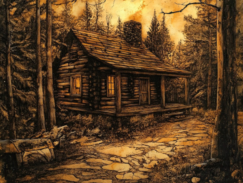 Rustic wooden cabin nestled in a dense forest