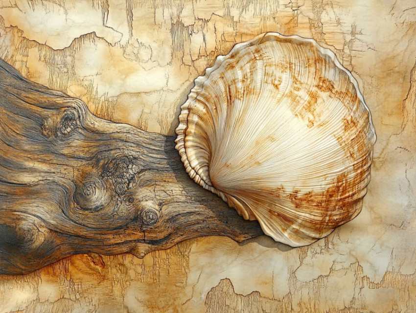 Seashell resting on driftwood Seashell resting on driftwood