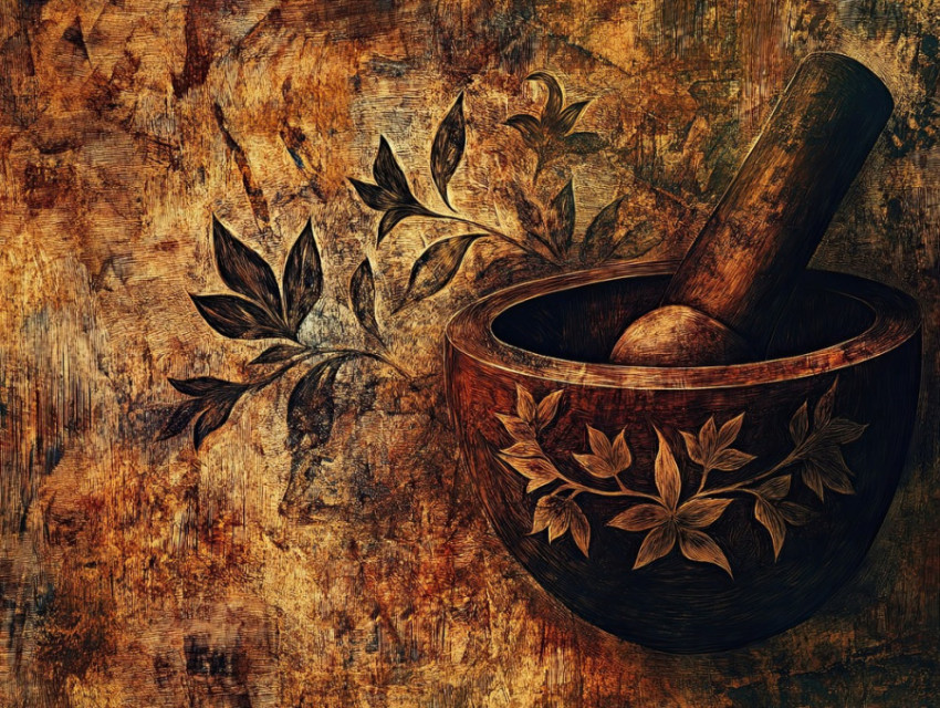 Traditional mortar and pestle with herbal details Traditional mortar and pestle with herbal details