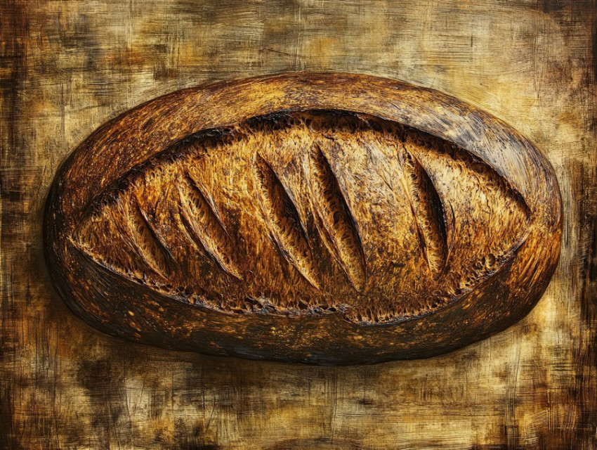 Loaf of bread with rich woodgrain-like crust texture