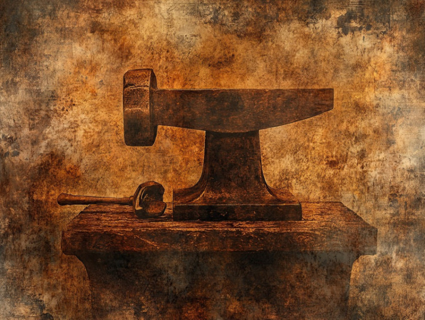 Blacksmith anvil with hammer resting beside it