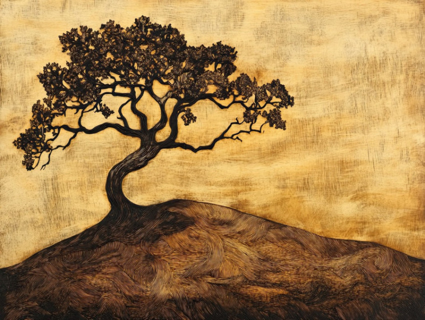 Lone tree on a hill with deeply textured bark Lone tree on a hill with deeply textured bark