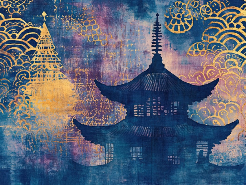 A pagoda silhouette emerges against tie dye cloud formations A pagoda silhouette emerges against tie dye cloud formations