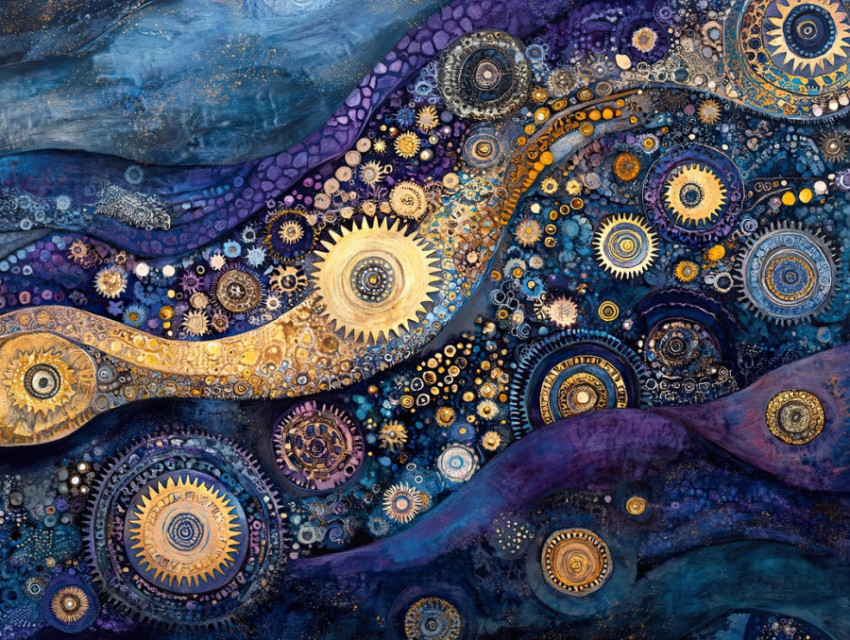 Interlocking gears fade into a wave like design Interlocking gears fade into a wave like design