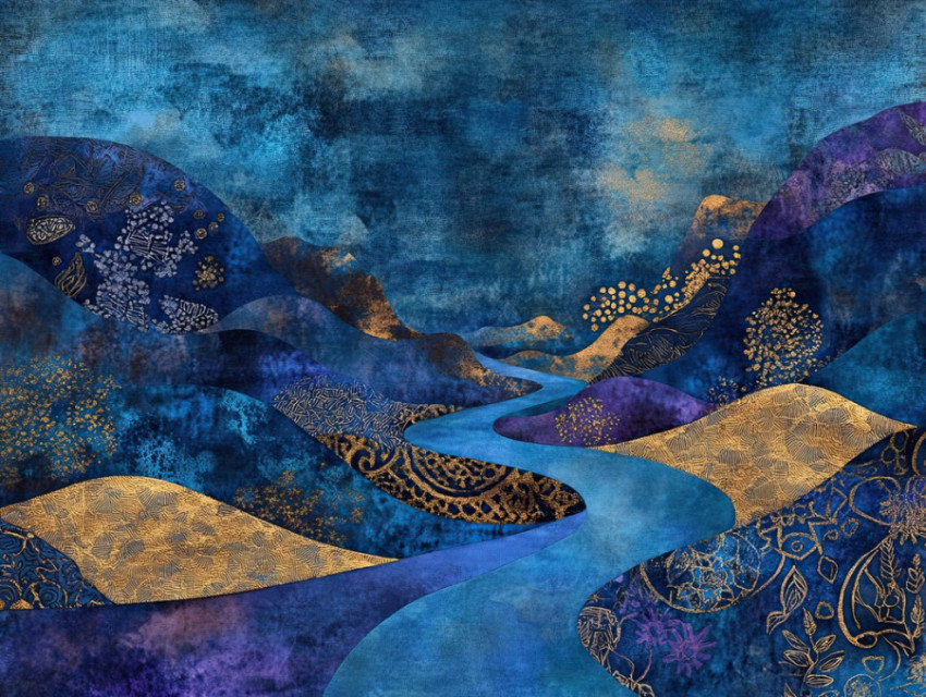 A winding road disappears into misty A winding road disappears into misty