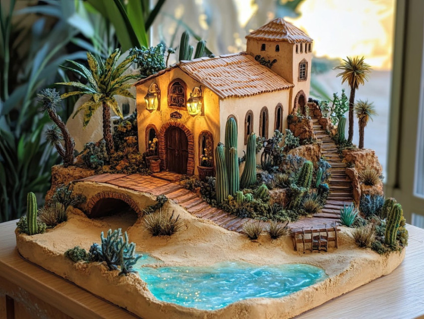 Cozy cottage with a garden path in a miniature diorama Cozy cottage with a garden path in a miniature diorama