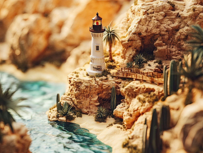 Lighthouse stands on a rocky cliff in a scenic diorama Lighthouse stands on a rocky cliff in a scenic diorama
