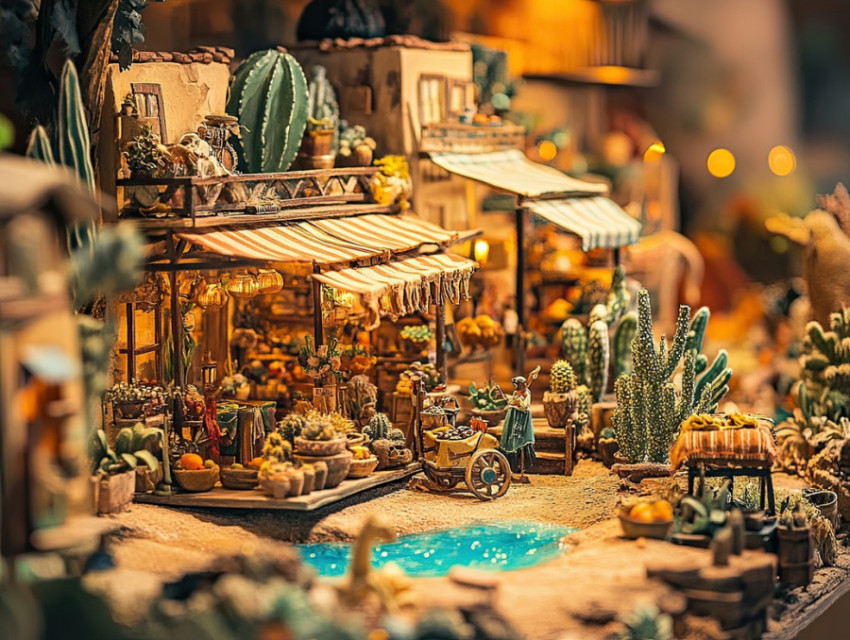 Vintage marketplace with tiny storefronts in a nostalgic diorama