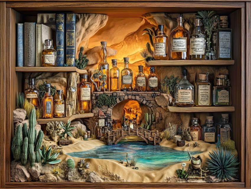 Old apothecary filled with labeled potion bottles in a detailed diorama