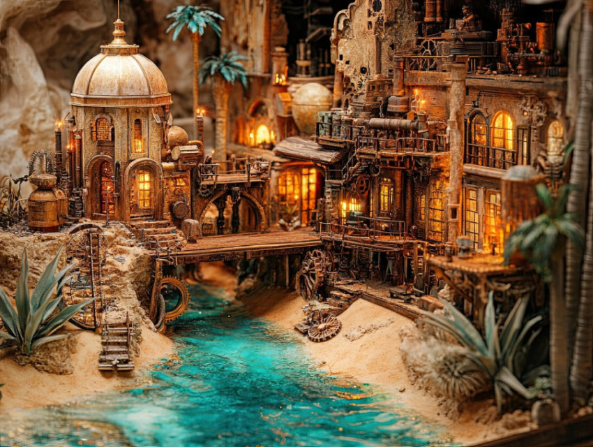 Steam powered factory with turning gears in a detailed diorama