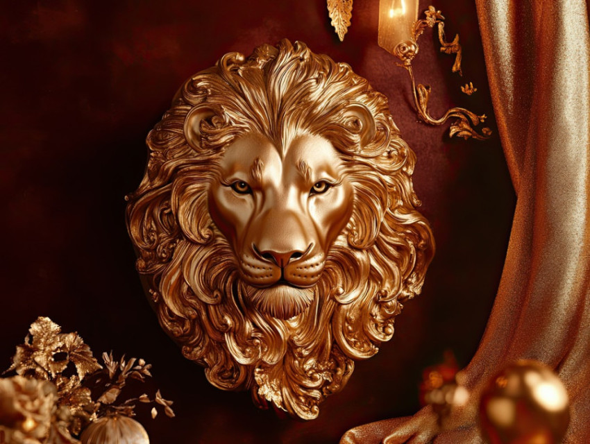 Regal lion head with a flowing golden mane detailed in gold leafing Regal lion head with a flowing golden mane detailed in gold leafing