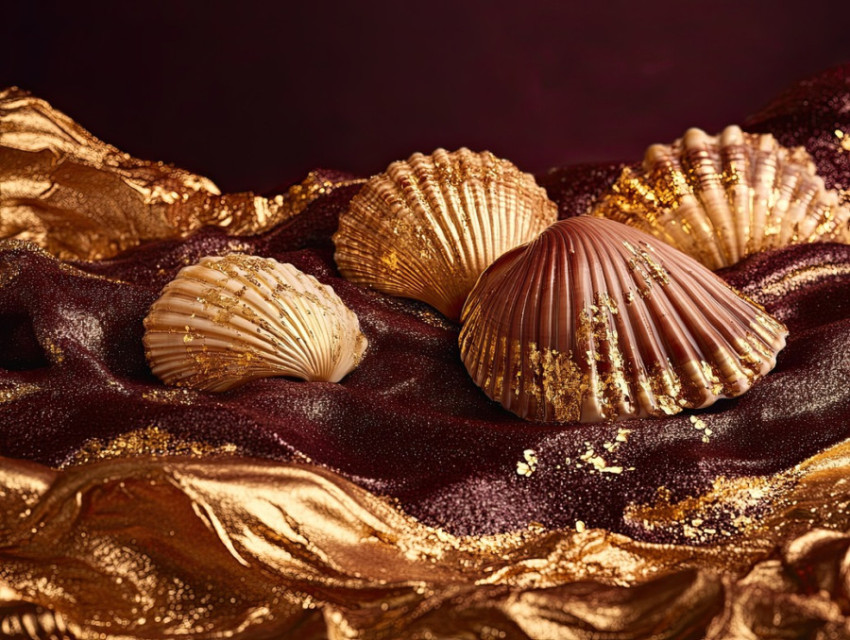 Golden seashells resting on shimmering waves Golden seashells resting on shimmering waves