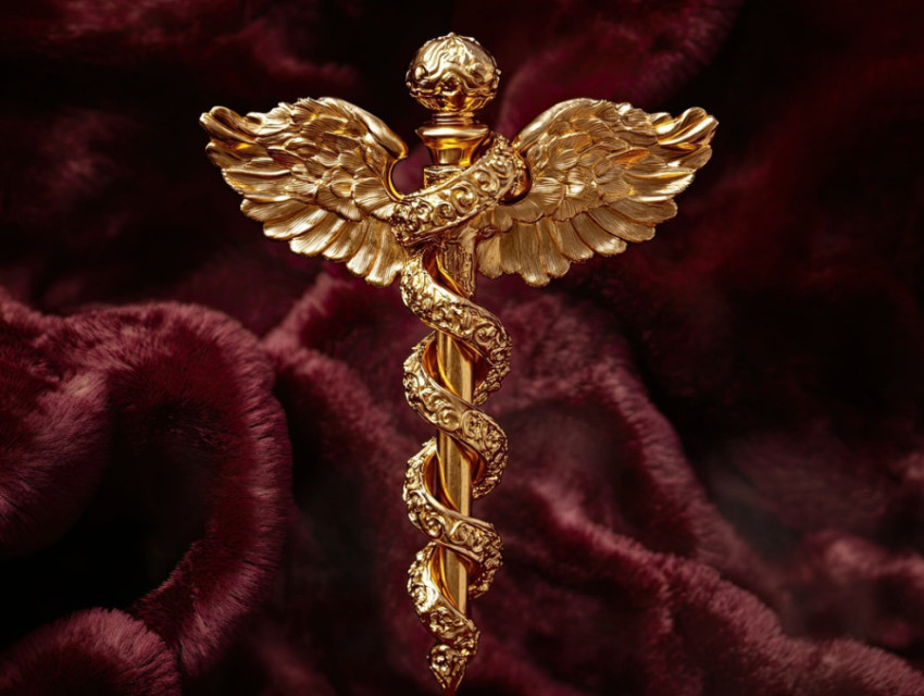 Delicate golden caduceus with fine details symbolizing medicine and healing Delicate golden caduceus with fine details symbolizing medicine and healing