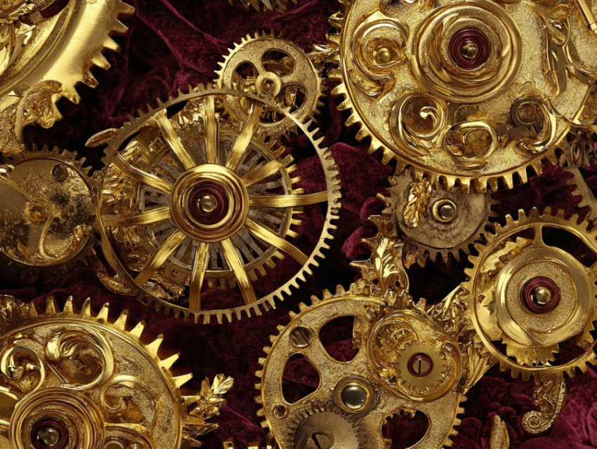 Gilded clock gears interlocking in motion Gilded clock gears interlocking in motion