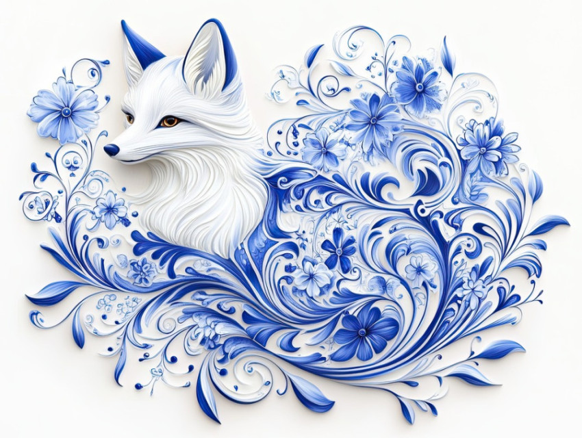 A curled fox with swirling blue floral patterns inspired by gzhel pottery A curled fox with swirling blue floral patterns inspired by gzhel pottery
