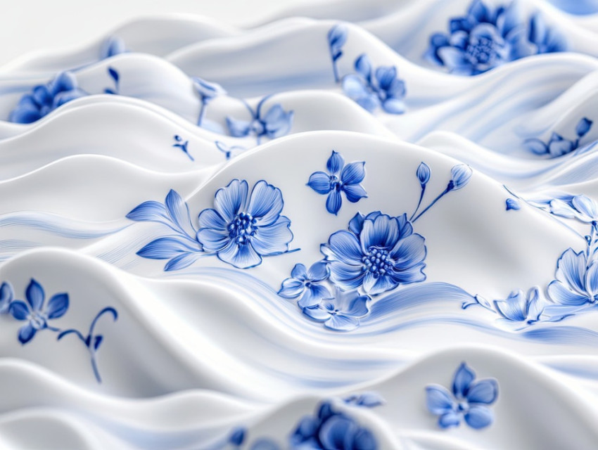 Waves curling with delicate blue floral accents Waves curling with delicate blue floral accents