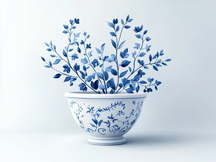 A herbal plant with blue vines growing in a porcelain mortar A herbal plant with blue vines growing in a porcelain mortar
