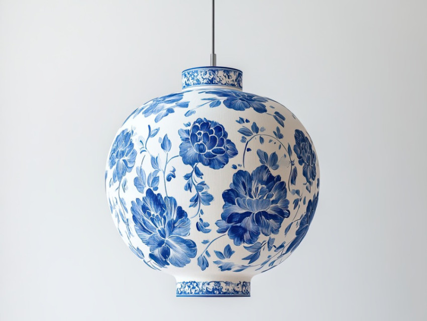 A floating blue lantern adorned with floral patterns A floating blue lantern adorned with floral patterns