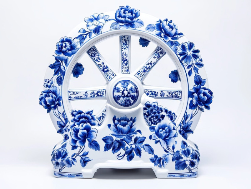 A waterwheel featuring intricate blue floral engravings A waterwheel featuring intricate blue floral engravings