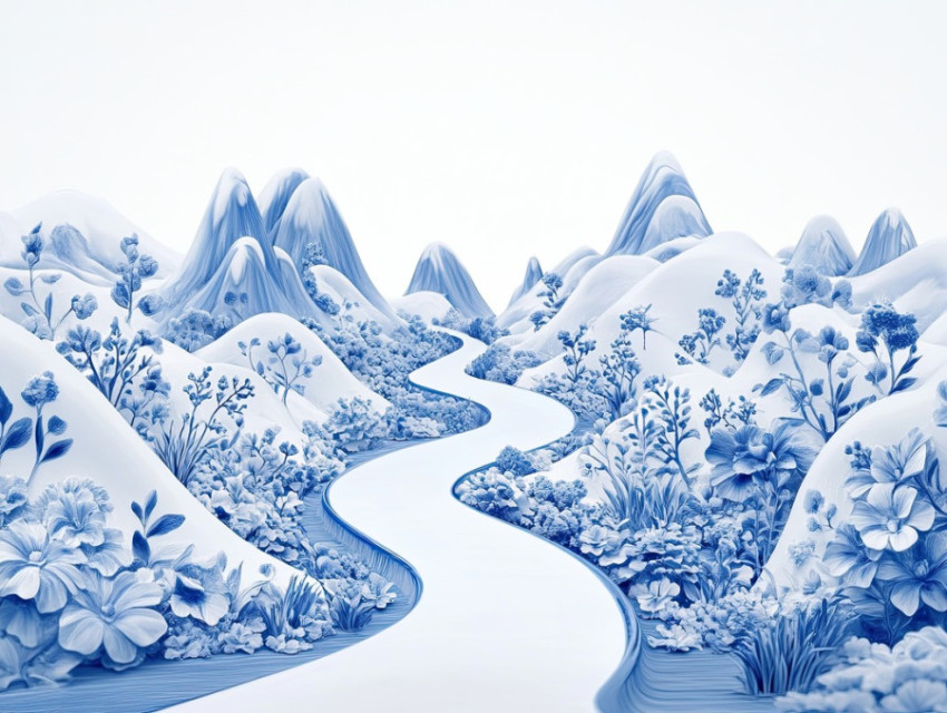 A curved blue pathway leading to floral-covered mountains A curved blue pathway leading to floral-covered mountains