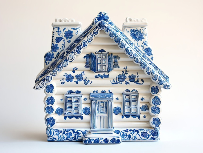 A rustic wooden cabin adorned with blue filigree A rustic wooden cabin adorned with blue filigree