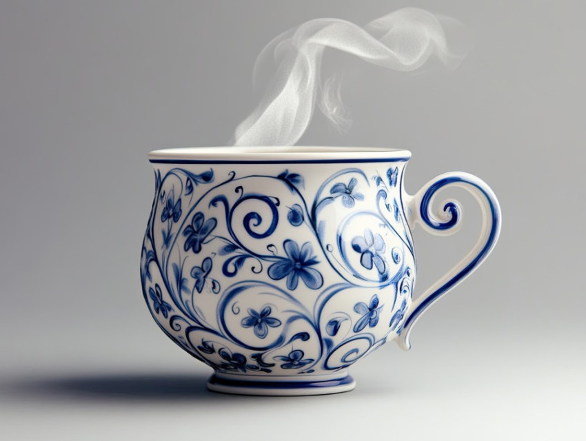 A steaming cup with ornamental blue swirls A steaming cup with ornamental blue swirls