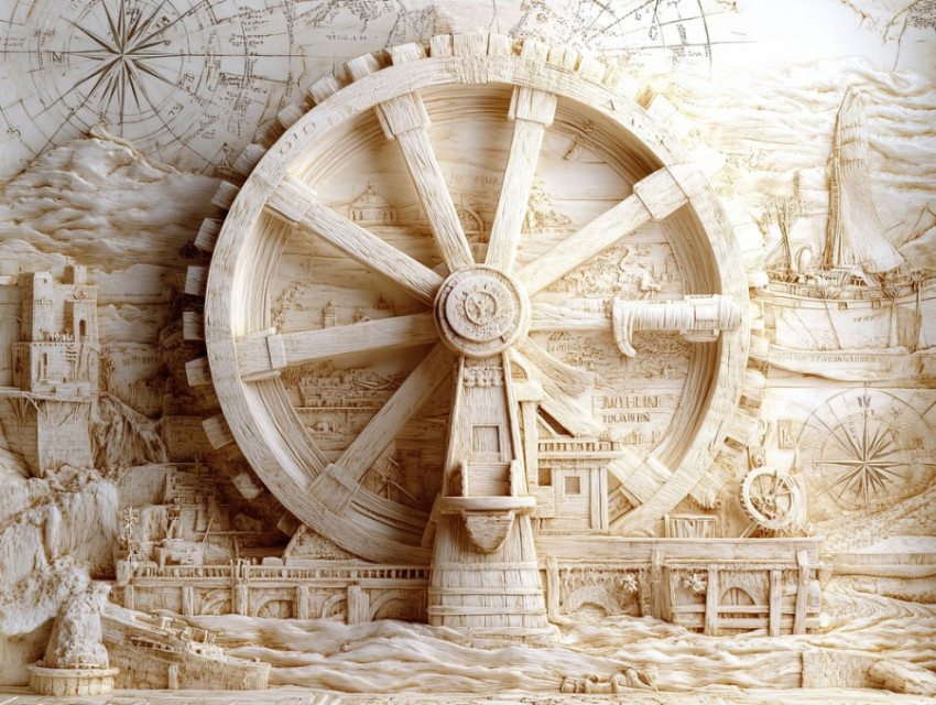 A waterwheel carved with fine ivory like details A waterwheel carved with fine ivory like details