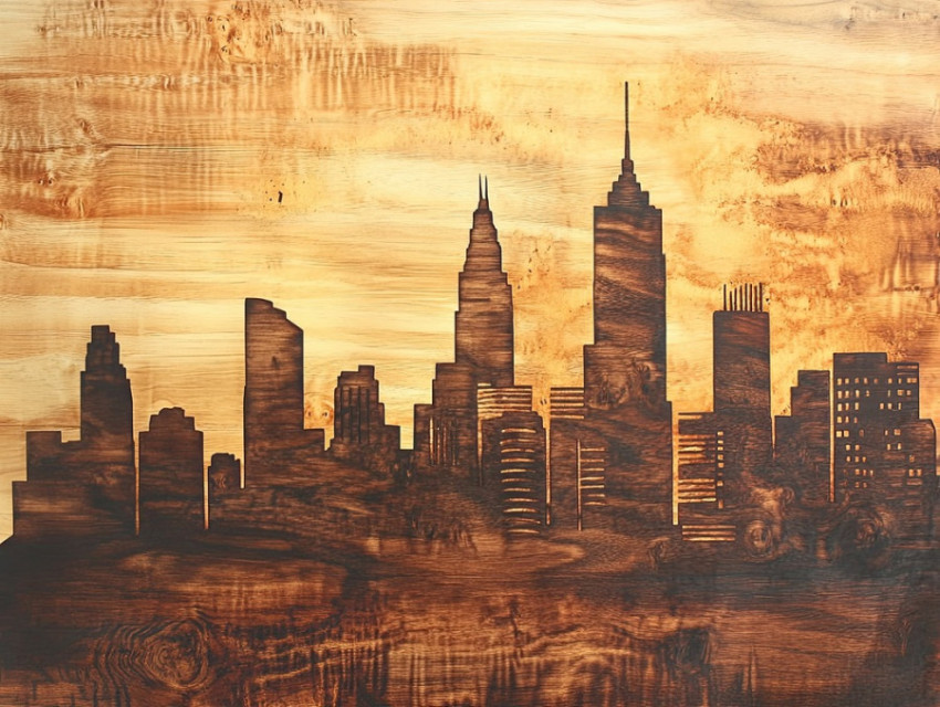 Rustic pyrography city skyline Rustic pyrography city skyline