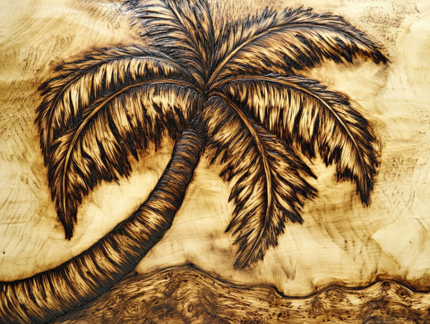 Palm tree pyrography on driftwood Palm tree pyrography on driftwood