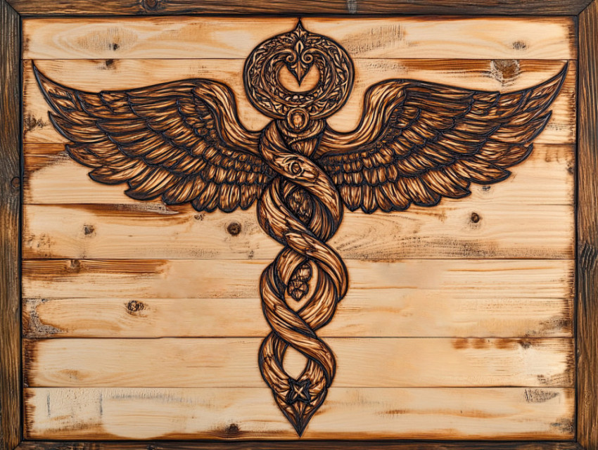 Caduceus pyrography on oak Caduceus pyrography on oak