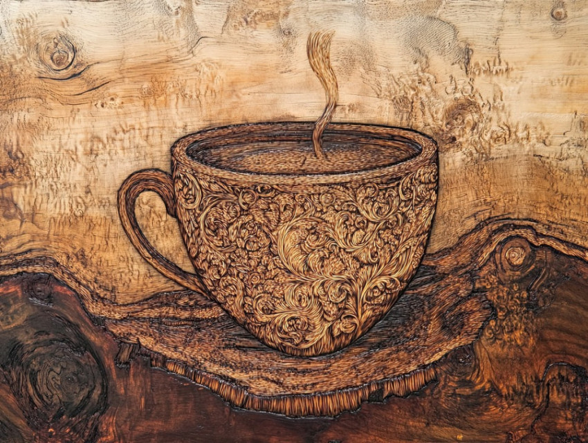 Coffee cup burned into wood Coffee cup burned into wood