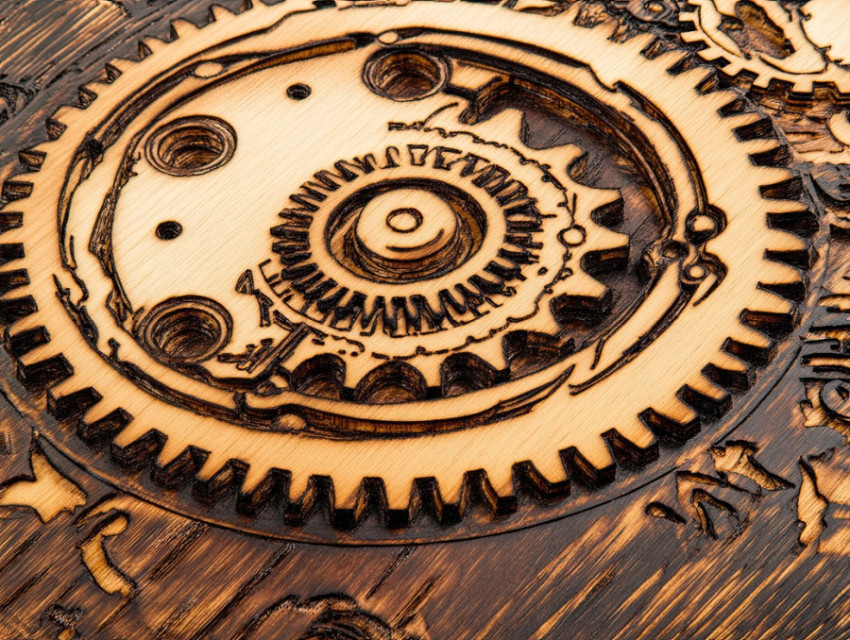 Gear design burned into wood Gear design burned into wood